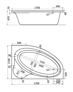 Ванна акриловая Эдера (L) 170*110*66 на каркасе с экраном+сифон SANTEK