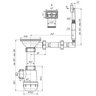 Сифон для мойки 3½"х40 с жестким прямоугольным переливом А0145