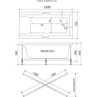 Ванна акриловая Алекса 150*75 на каркасе с экраном