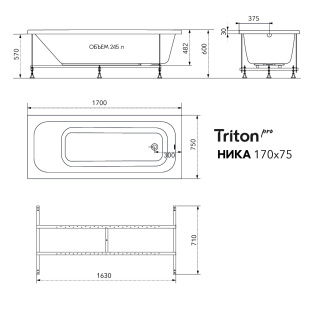 Ванна акриловая Nika 170*75 на каркасе с экраном Triton Pro