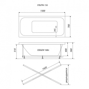Ванна акриловая Ультра 150*70 на каркасе с экраном